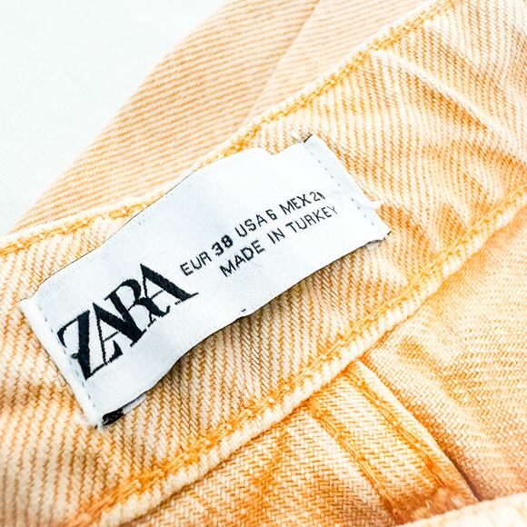Zara Peach Orange Wide Leg Frayed Hem Denim Jeans Zip Fly Size 6 - Picture 6 of 7